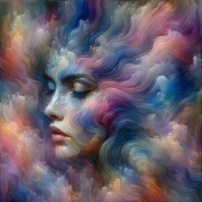 The primary subject of the image is a woman's face, which is the main focus of the image. The setting is a cloudy sky, with the woman's face surrounded by clouds. The visual style is a digital art or illustration, as the woman's face is depicted in a colorful and artistic manner. The colors and mood of the image are vibrant and lively, with the woman's face being the central point of interest.